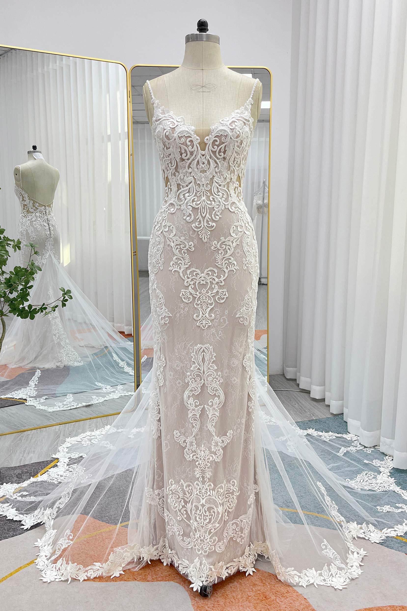 Trumpet-Mermaid Chapel Train Lace Tulle Wedding Dress CW3249 - COCOMELODY